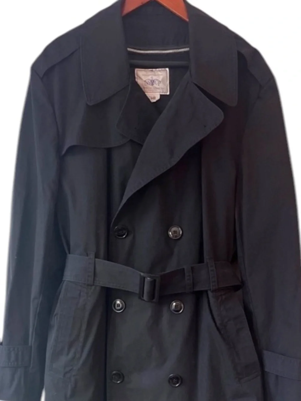 Military Tench Coat Mens 44R  Black Double Breasted Lined Belted Classic Preppy - Picture 2 of 9